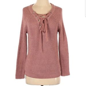 Love Tree Muave Lace Up V Neck Pullover Ribbed Knit Sweater Small